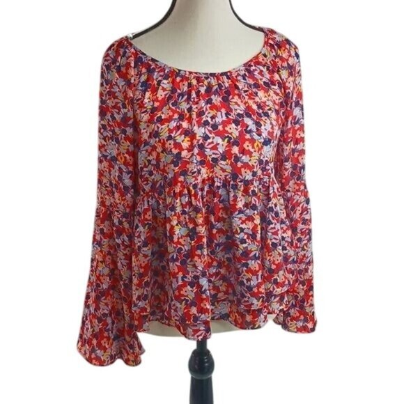 Copper Key Blouse Red Floral Bell Sleeve Ruffle Boho Flowy Womens Size Small - Picture 1 of 7